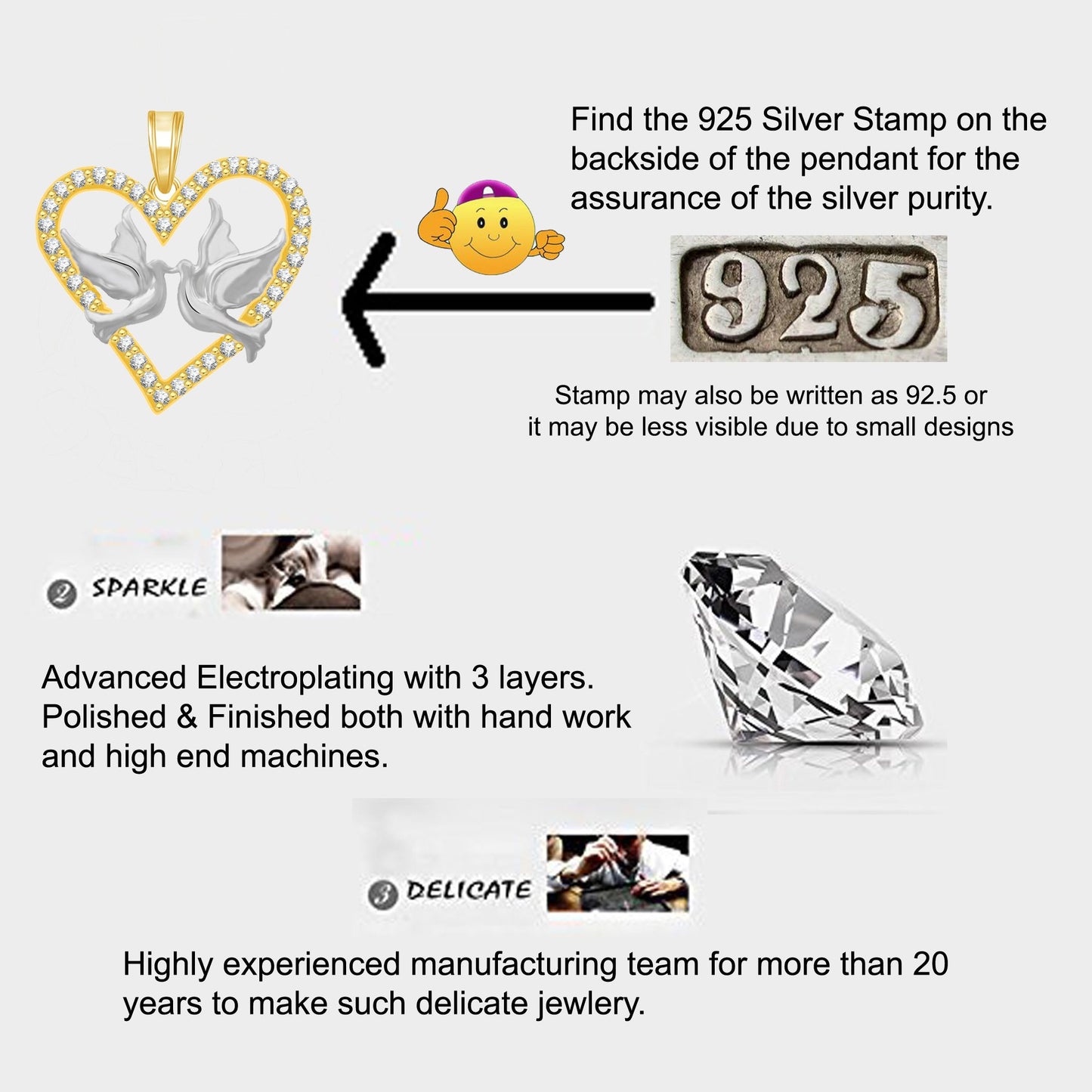 Pure 925 Sterling Silver Pendent Love Birds in Valentine Heart Shape CZ Pendant Locket Gift For Women, Girls & Baby Girls