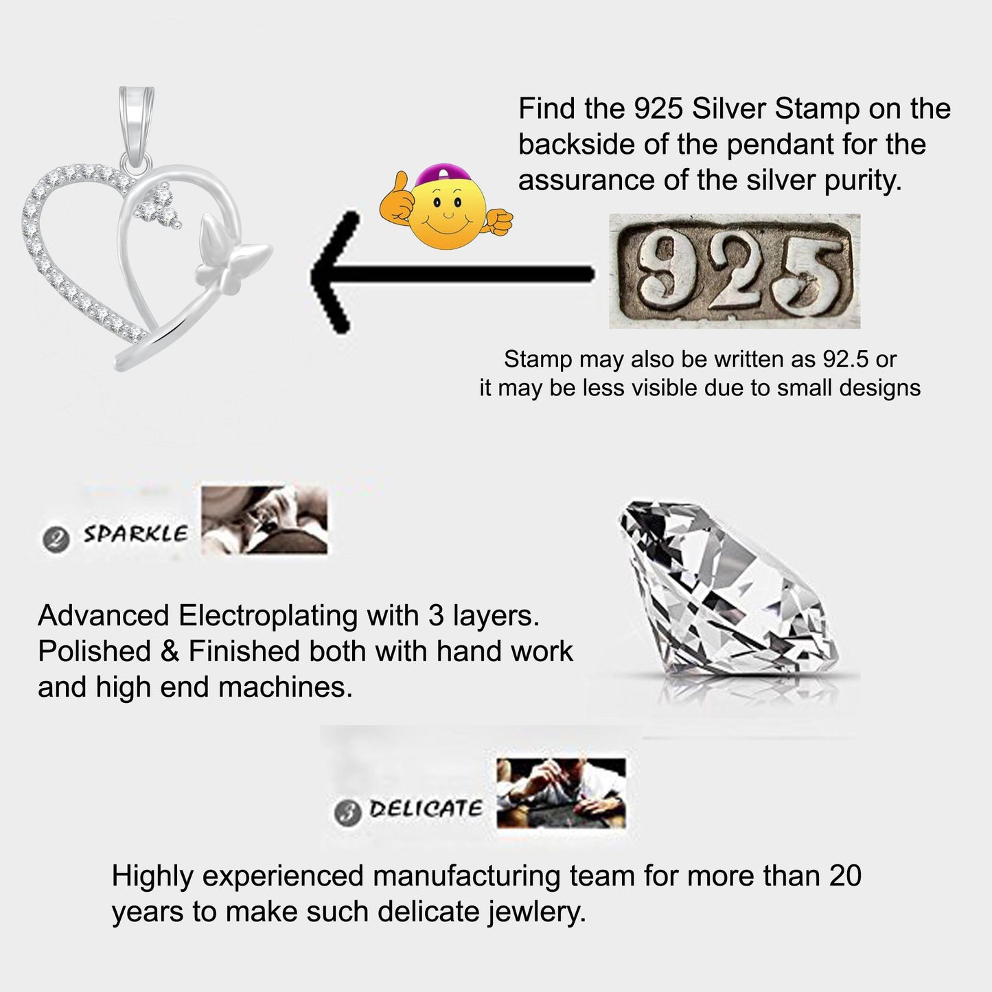 Pure 925 Sterling Silver Pendent Butterfly In Valentine Heart Shape CZ Pendant Locket Gift For Women, Girls & Baby Girls