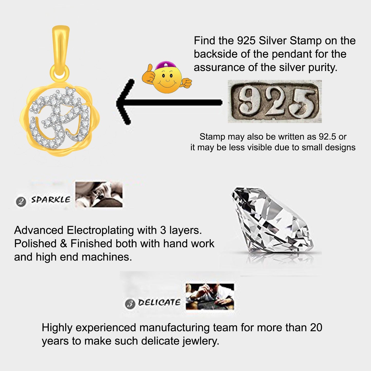 Pure 925 Sterling Silver Om Hindu Religious Symbol Ohm Locket In Cz Aum God Pendant For Man & Women