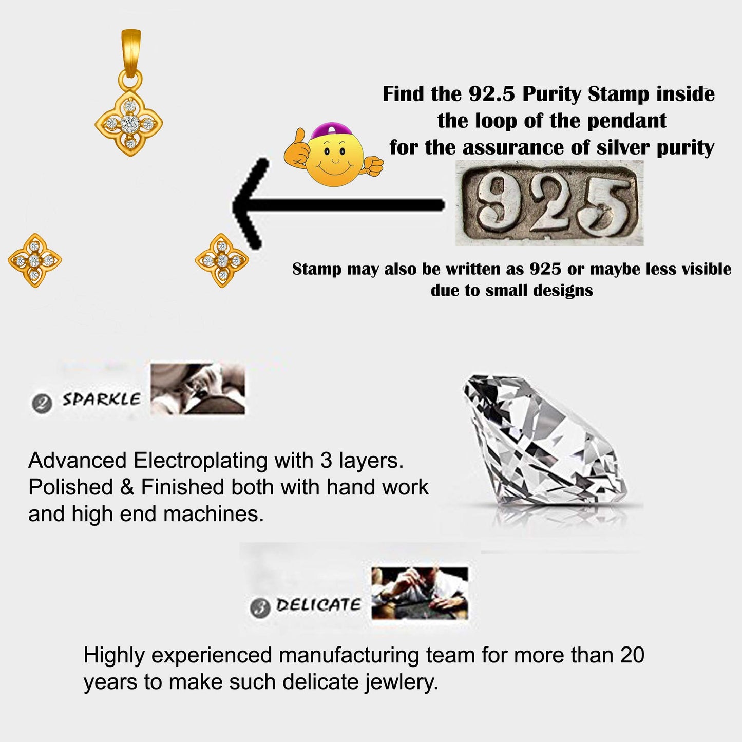 Pure 925 Sterling Silver Flower Shape Pendant With Studs (Earring) in Jewellery Set for Women & Girls (GOLD)