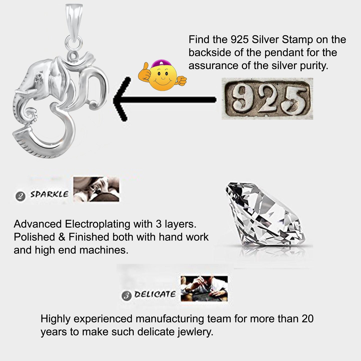 Pure 925 Sterling Silver Ganesha Ganpati Locket In CZ God Pendant For Man & Women Pendent