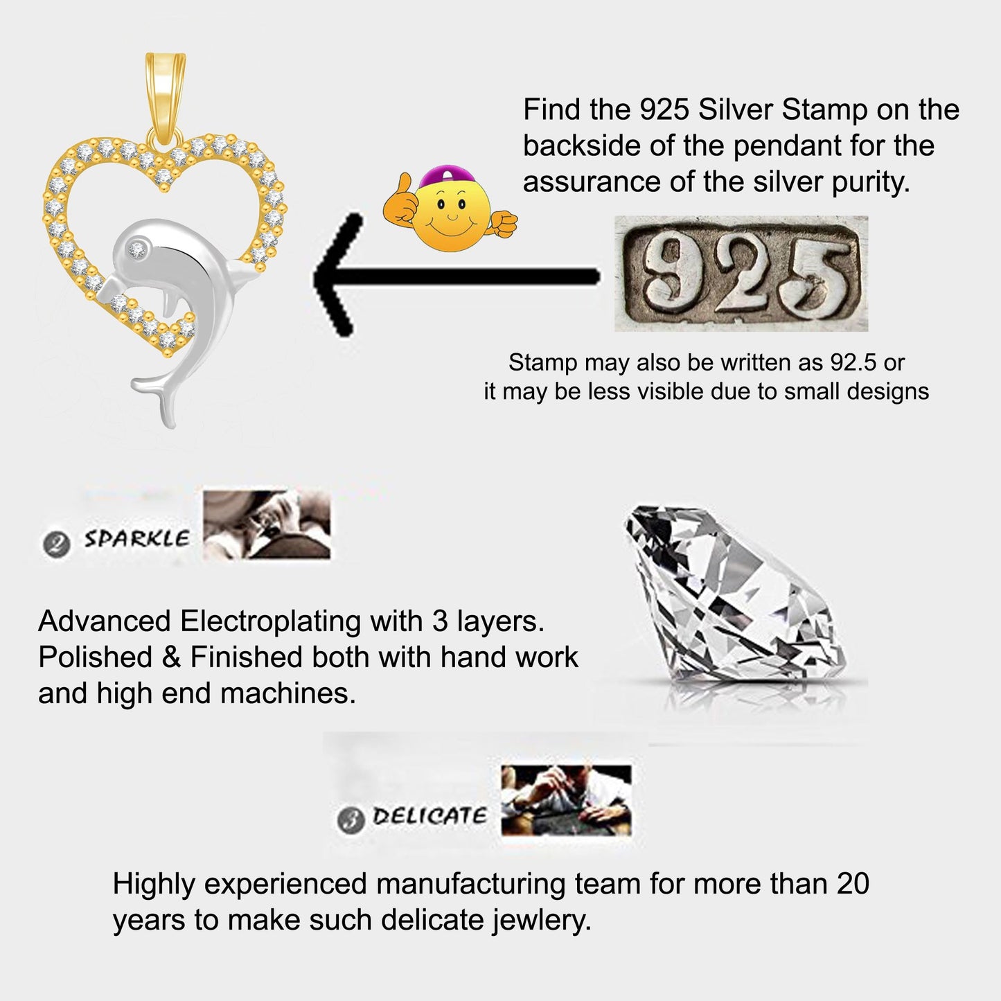 Pure 925 Sterling Silver Pendent Dolphin In Valentine Heart Shape CZ Pendant Locket Gift For Women, Girls & Baby Girls