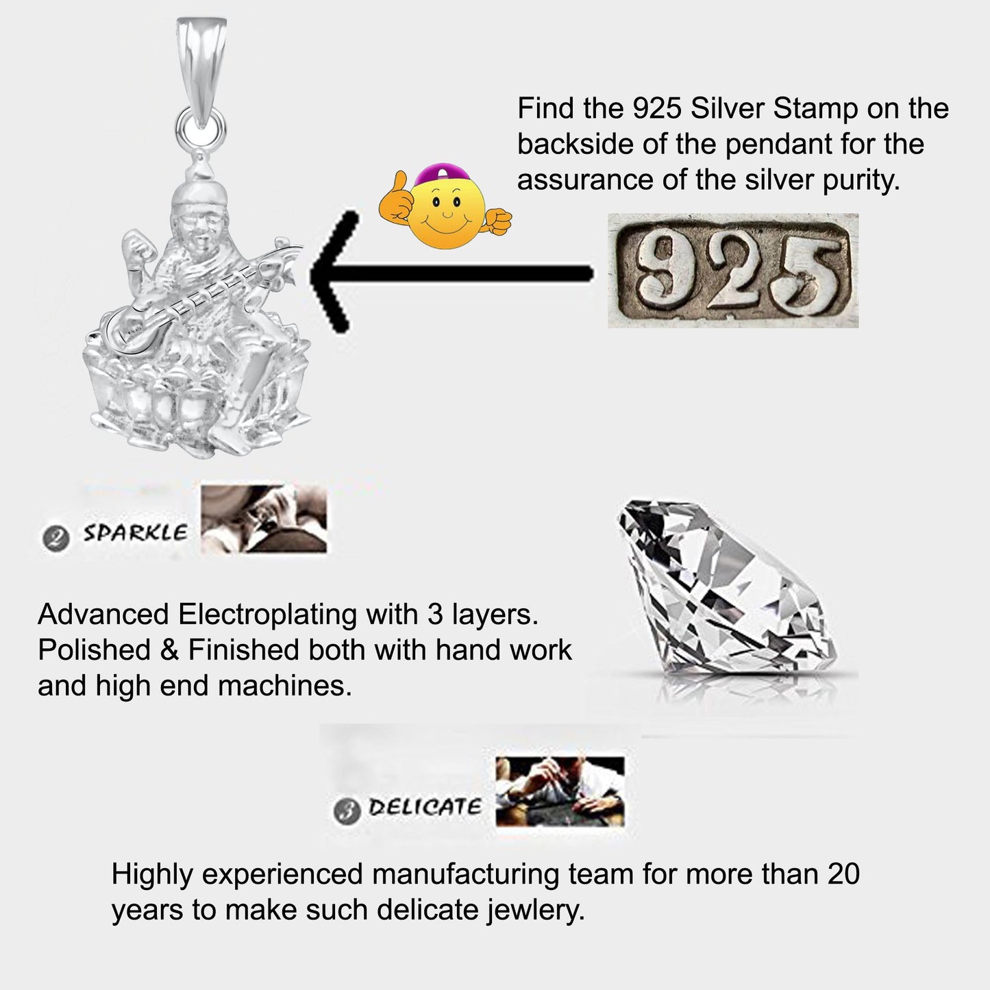 Pure 925 Sterling Silver Goddess Saraswati In God Pendant For Man Woman Boys Girls