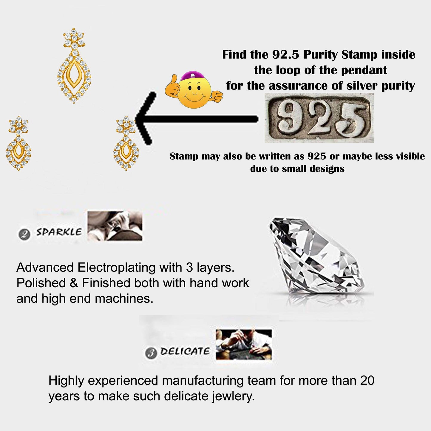 Pure 925 Sterling Silver Pendant With Studs (Earring) Jewellery Set for Women & Girls (GOLD)