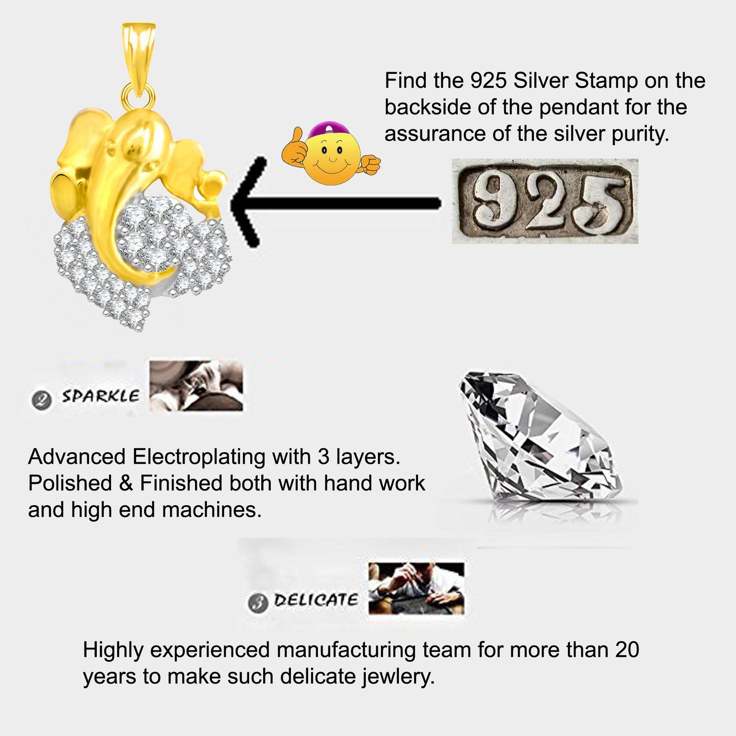 Pure 925 Sterling Silver Ganesha Ganpati Locket In CZ God Pendant For Man & Women Pendent